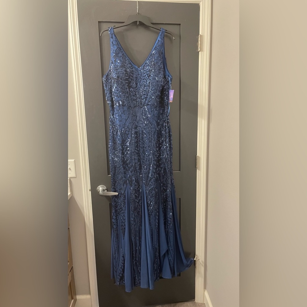 Nightway Plus Size Sequined Mesh Gown. Color Peacock (Blue) Size 18W